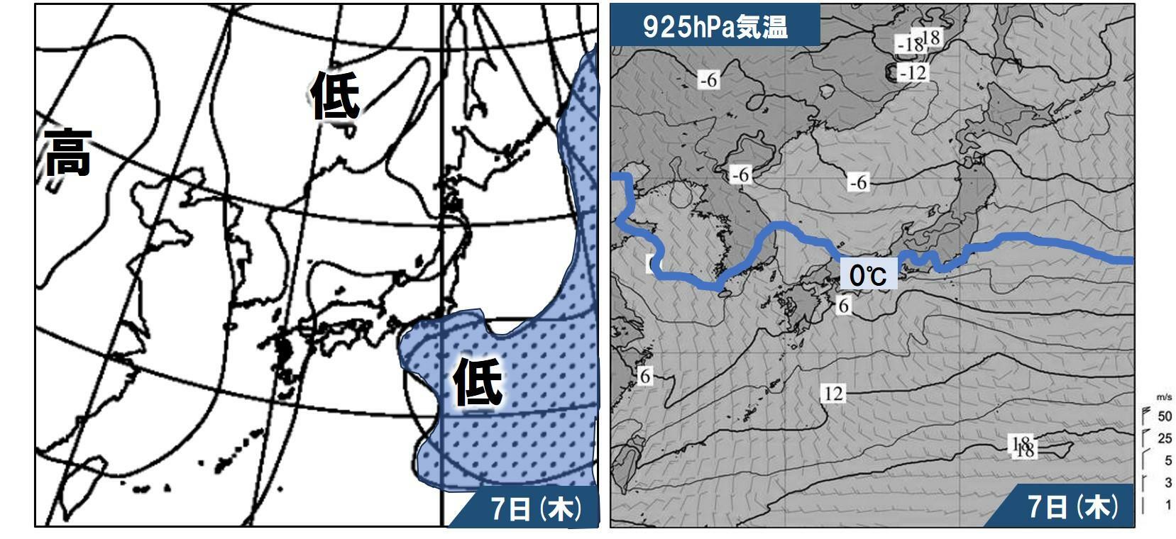 （左）3月7日21時の気圧配置と降水域の予想、（右）同21時の925hPaの気温の予想。左図で水色の部分は雨または雪が降る範囲、右図で青線より北が雪になる可能性のある範囲。