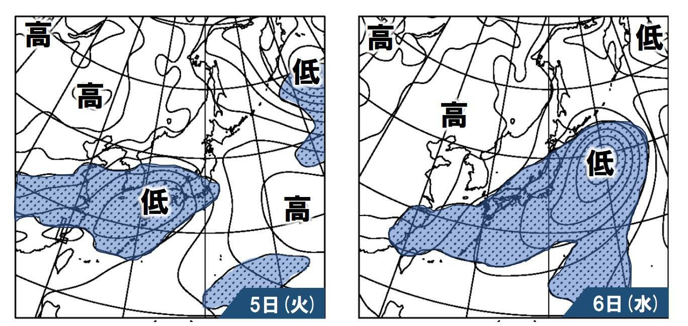 （左）3月5日、（右）3月6日の気圧配置と降水域の予想