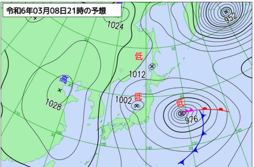 3月8日21時の予想天気図（気象庁HPより）。日本海の低気圧は上空に強い寒気を伴う。