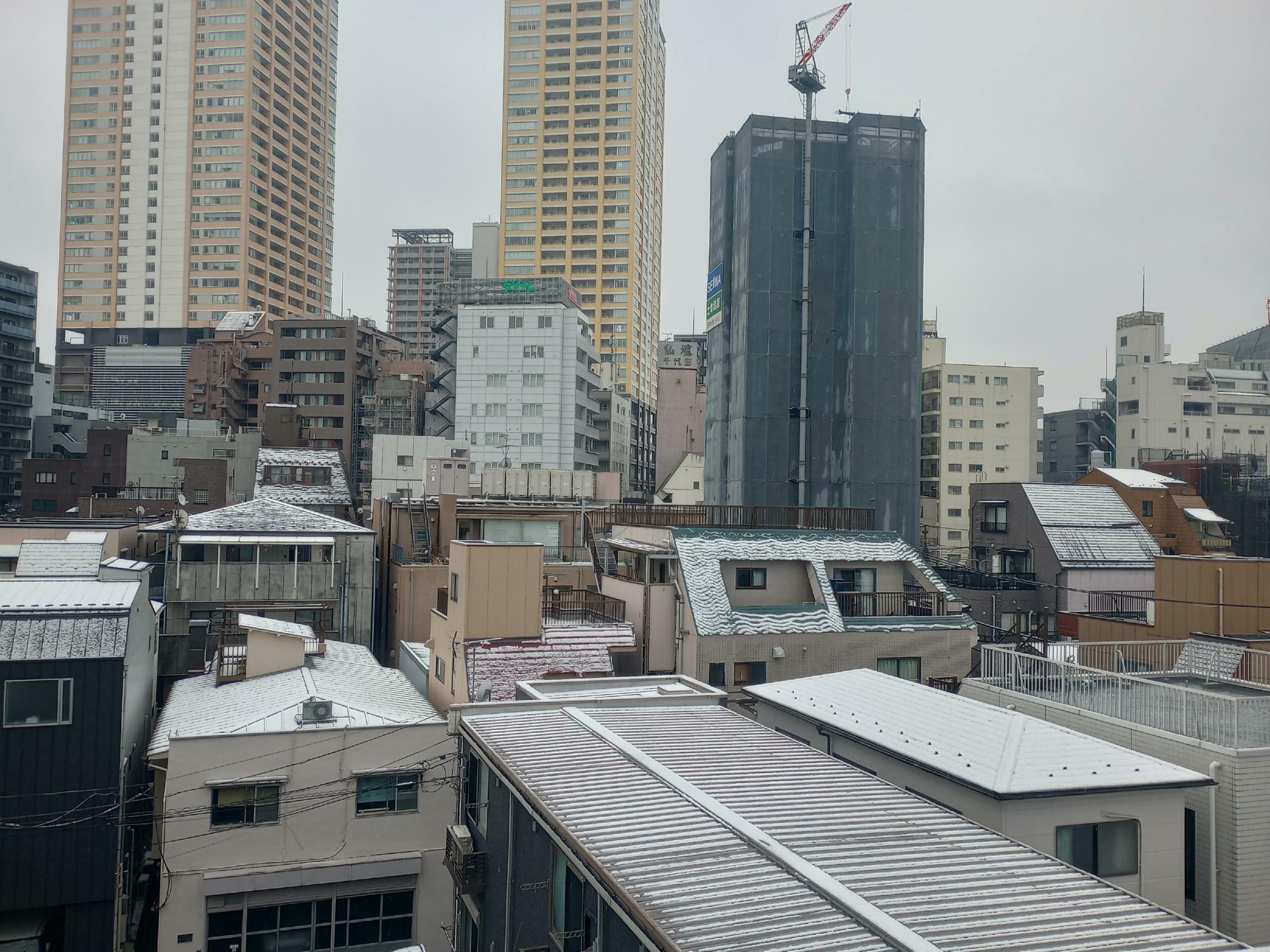 東京23区内の3月8日朝の様子。建物の屋根や植え込みにはうっすら雪が積もった。