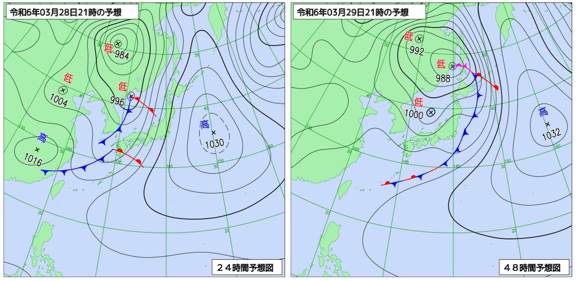 （左）3月28日、（右）3月29日の21時の予想天気図（気象庁HPより）