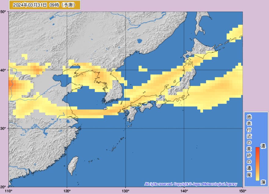 3月31日9時の黄砂予想（気象庁HPより）。日本海側や関東で飛来が予想されている。