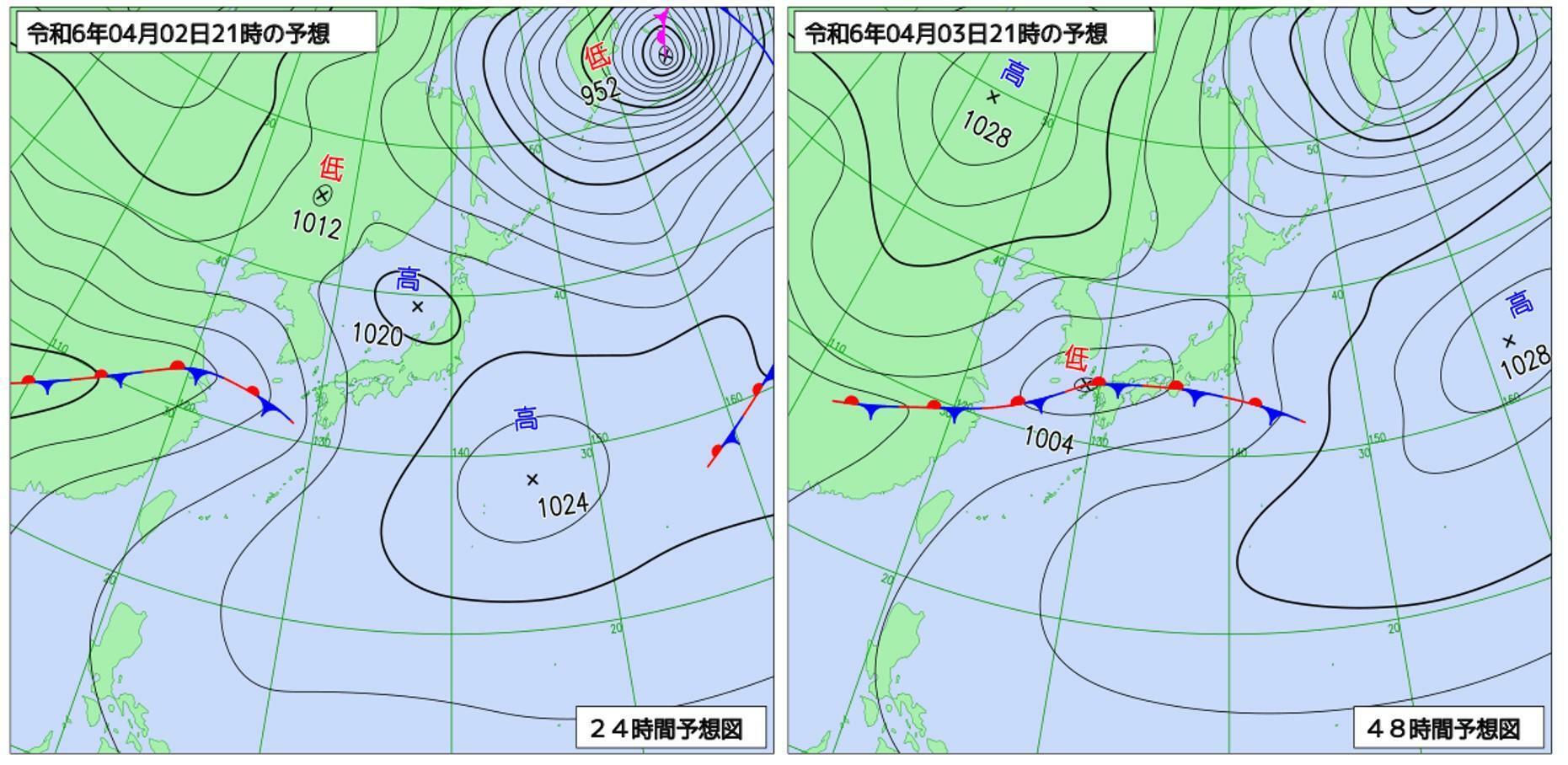 （左）4月2日、（右）4月3日の21時の予想天気図（気象庁HPを元に作成）。西から停滞前線が伸びてきて本州にかかり、さらに前線上には低気圧が発生する見通し。