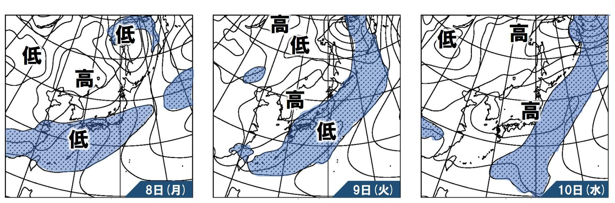 4月8日～10日にかけての気圧配置と降水の予想（気象庁資料を元に作成）。影がかけられたところは降水が予想されているところ。