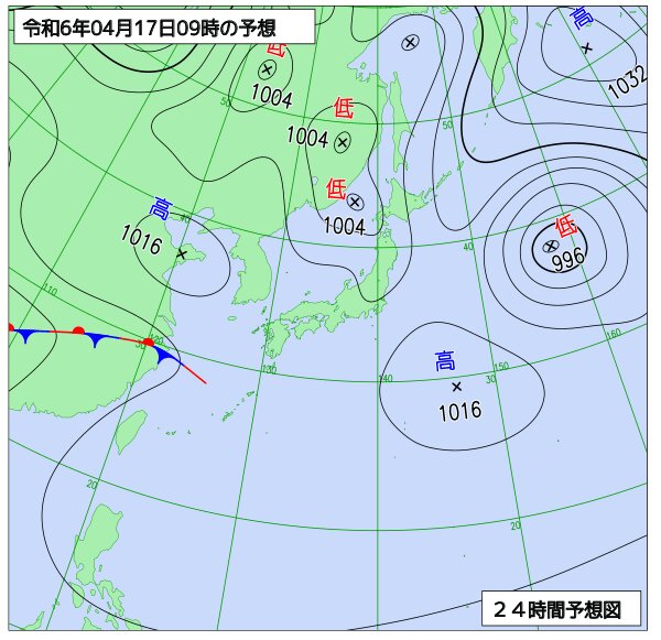 17日9時の予想天気図（気象庁HPより）。日本海を進む低気圧の上空には