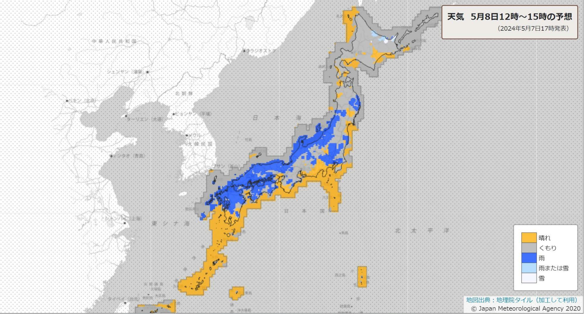8日12時～15時の天気分布予報。気圧の谷の影響で雨が降る日本海側のほか、大気の状態が不安定になる関東にも青の雨の表示。