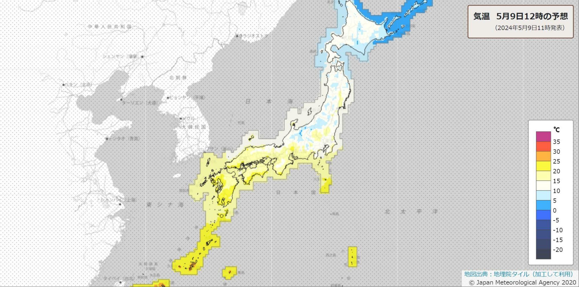 9日12時の気温分布予想（気象庁HPより）。全国的に20度前後で平年を下回るところが多く、特に関東は前日8日より下がっている。