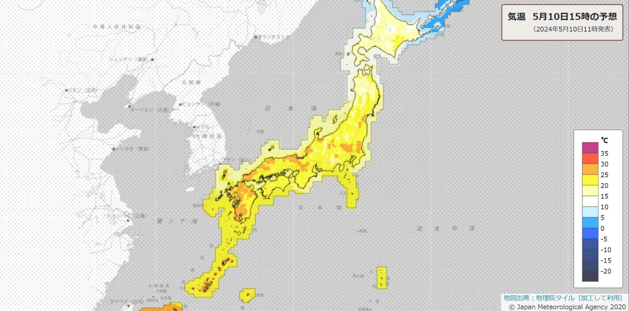 10日15時の気温分布予報（気象庁HPより）。オレンジ色は25度以上の夏日。