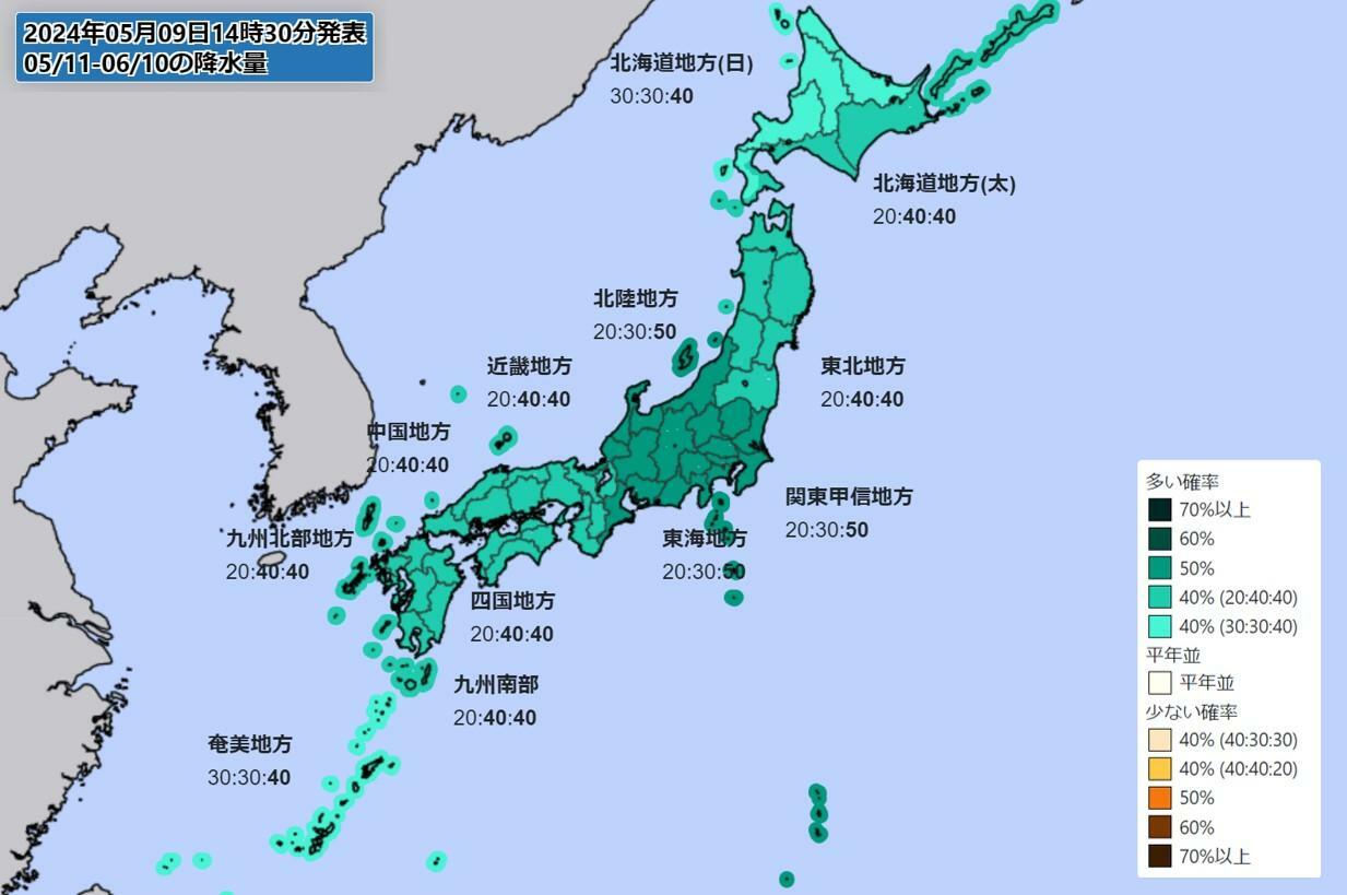 降水量の1か月予報（気象庁HPより）