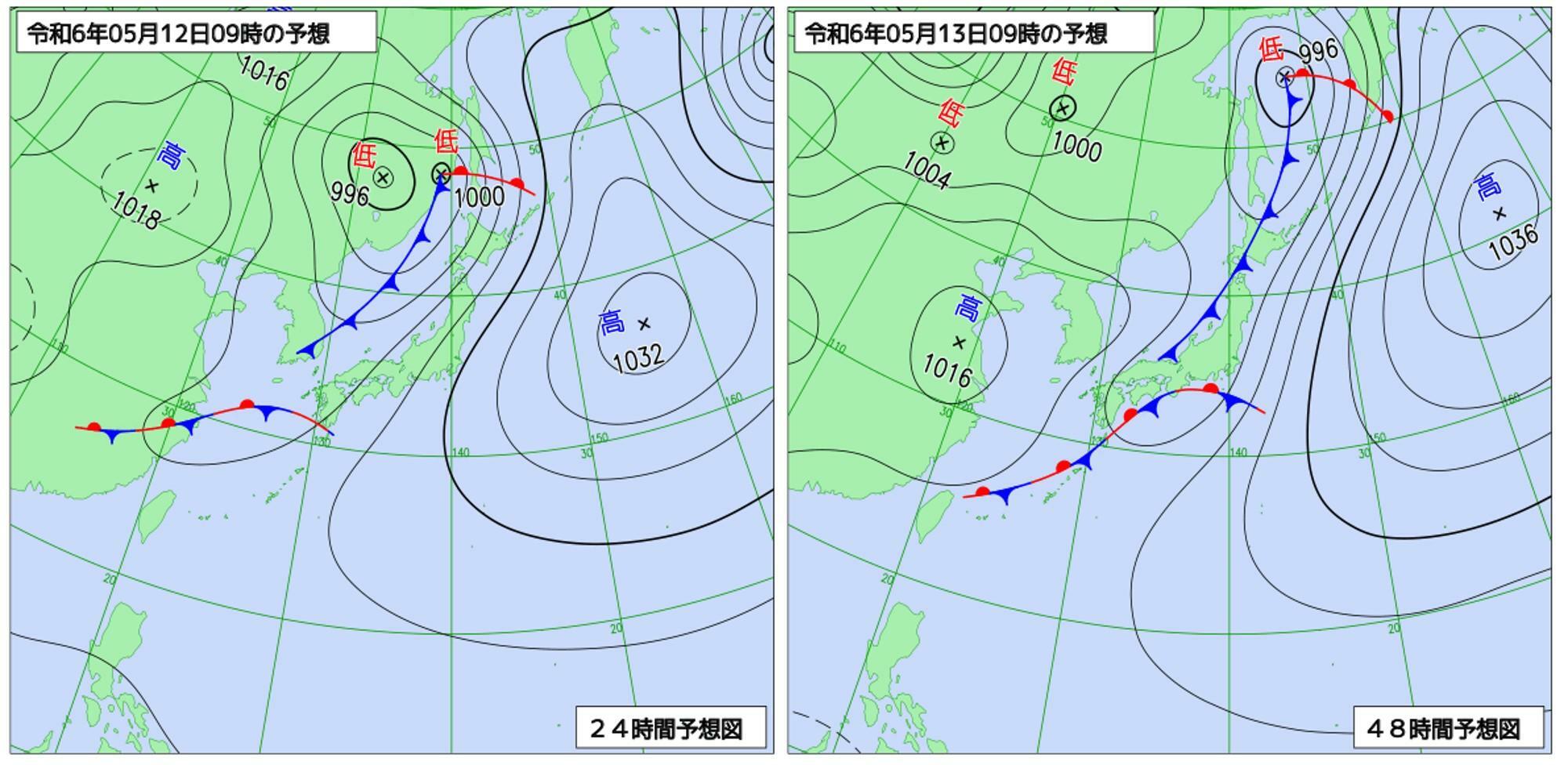 （左）12日9時、（右）13日9時の予想天気図（気象庁HPより）。