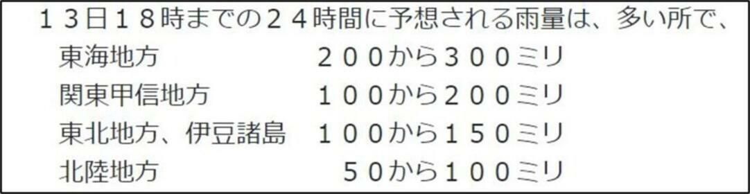 13日夕方までの24時間降水量予想（気象庁HPより）。