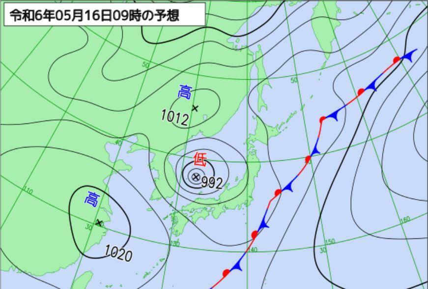 16日9時の予想天気図（気象庁HPより）。