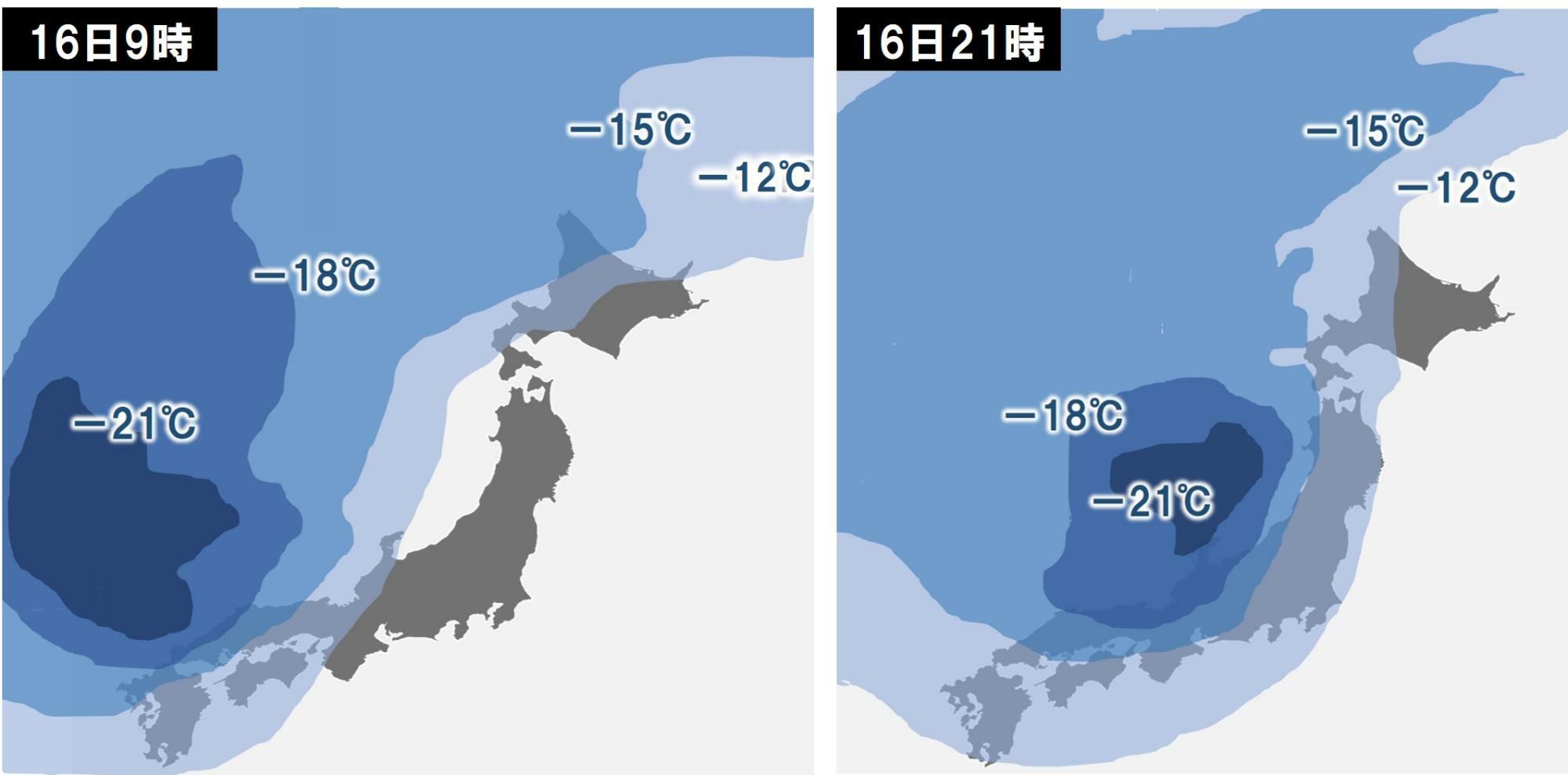 16日（左）9時と（右）21時の上空5500m付近の気温予想（気象庁が専門家向けに出す情報を元に作成）。
