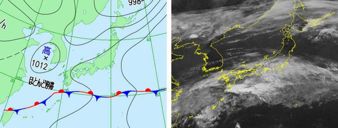 23日9時の（左）実況天気図、（右）気象衛星画像（気象庁HPを元に作成）。雲は前線よりかなり北側へ広がっているのがわかる。