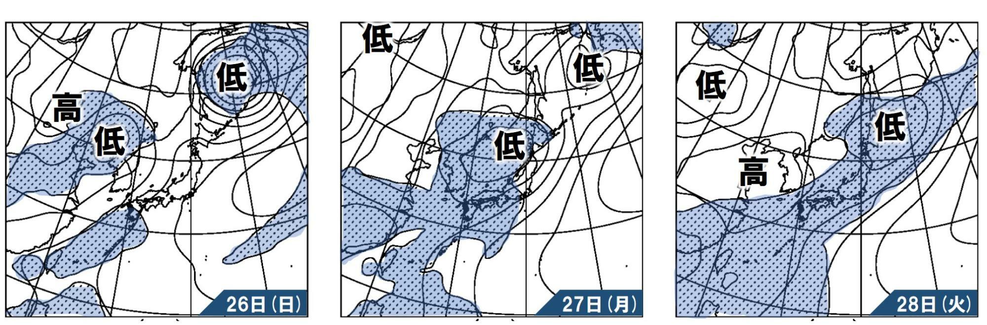 26日～28日の気圧配置と降水（青色）の予想。気象庁が専門家向けに出す情報を元に作成。