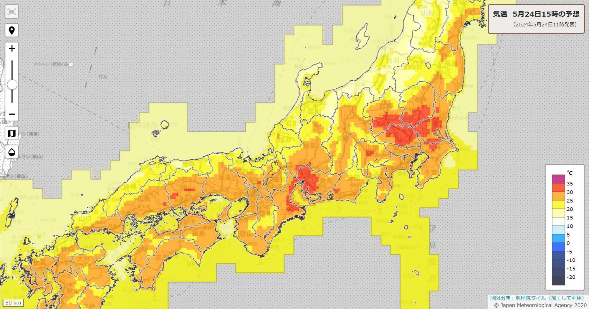 24日15時の気温分布予報（気象庁HPより）。関東や東海の内陸、西日本の一部に赤色の30度以上の表示。