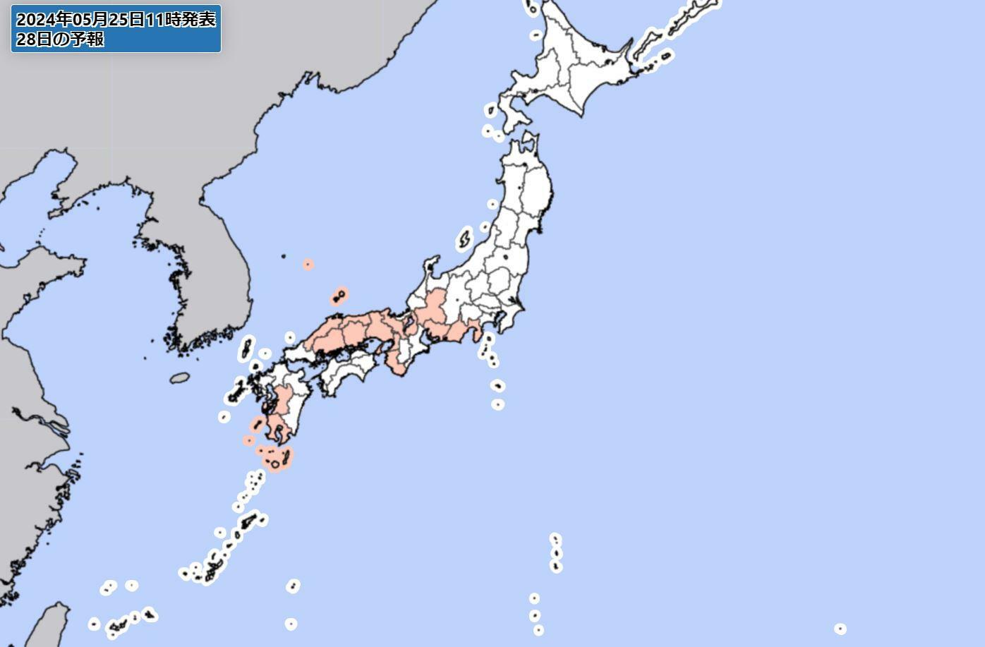 28日の早期警戒情報（気象庁HPより）。ピンク色になっているところは、大雨警報が出る可能性があると気象庁が示している府県。