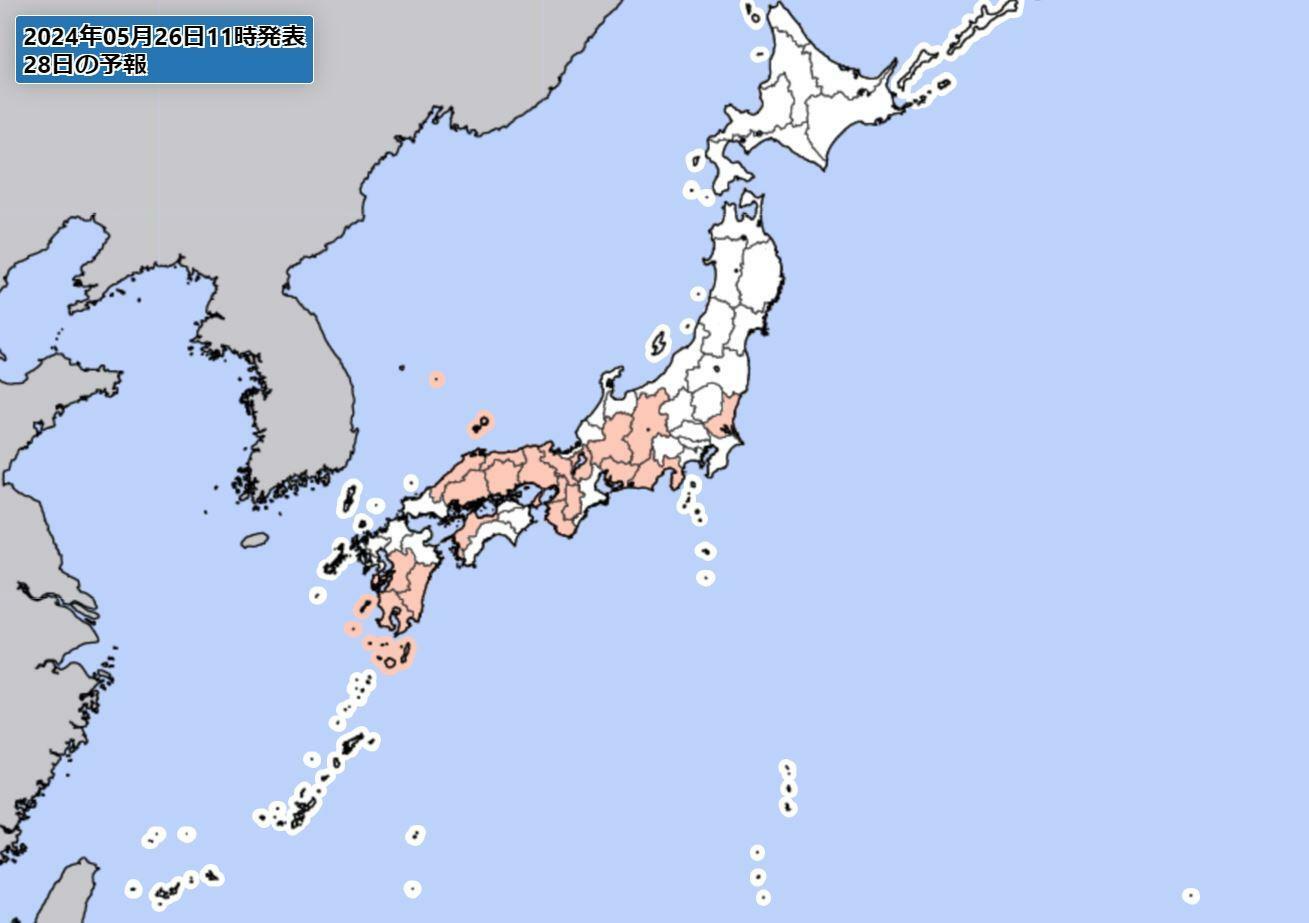 28日の早期警戒情報（気象庁HPより）。ピンク色の表示は、気象庁が大雨警報を出す可能性があるとしている府県。最新の情報は必ず気象庁HPで確認を。