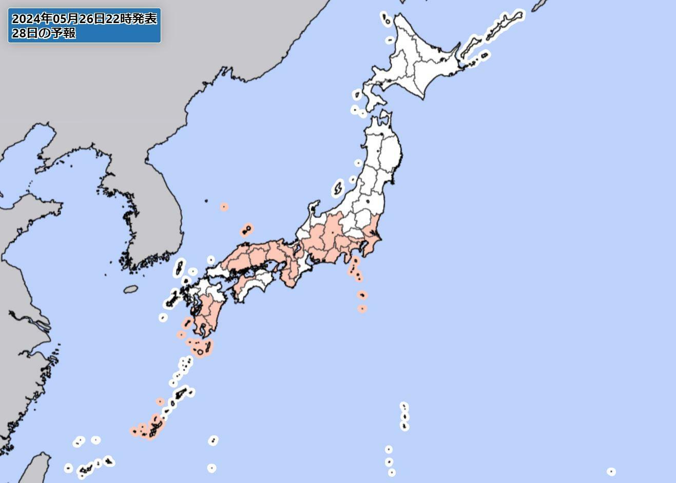 早期警戒情報（気象庁HPより）。ピンク色は大雨警報が出る可能性がある都府県。