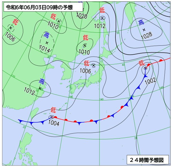 3日9時の予想天気図（気象庁HPより）。東北付近には上空に寒気を伴った低気圧、沖縄付近には元台風2号の低気圧がそれぞれ近づく。