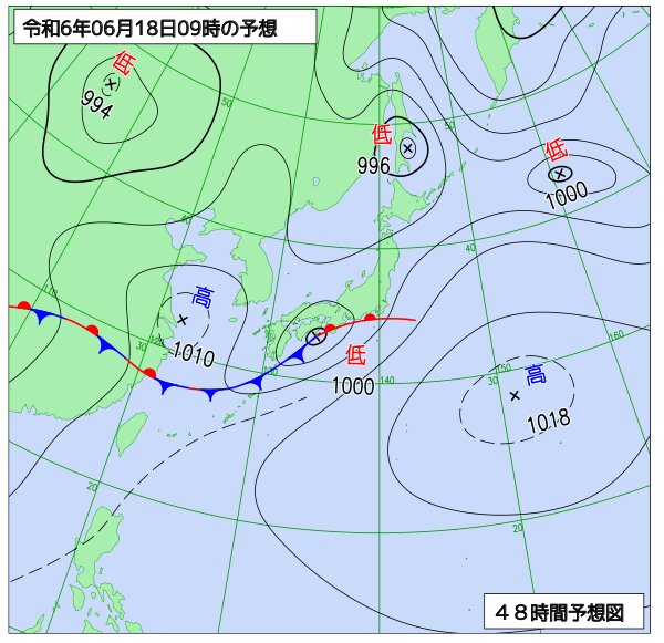 18日9時の予想天気図（気象庁HPより）。梅雨前線上を低気圧が東へ進む。