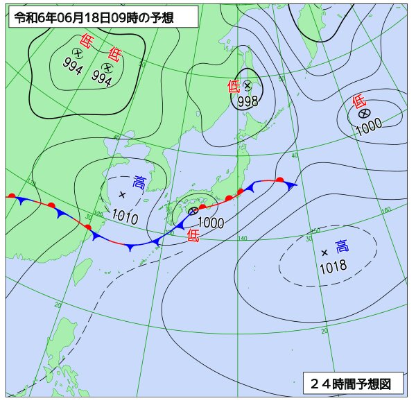 18日9時の予想天気図（気象庁HPより）。低気圧の進行方向にあたる四国～関東でこれから大雨になるほか、全然の南側にあがる沖縄・奄美でも激しい雨に。