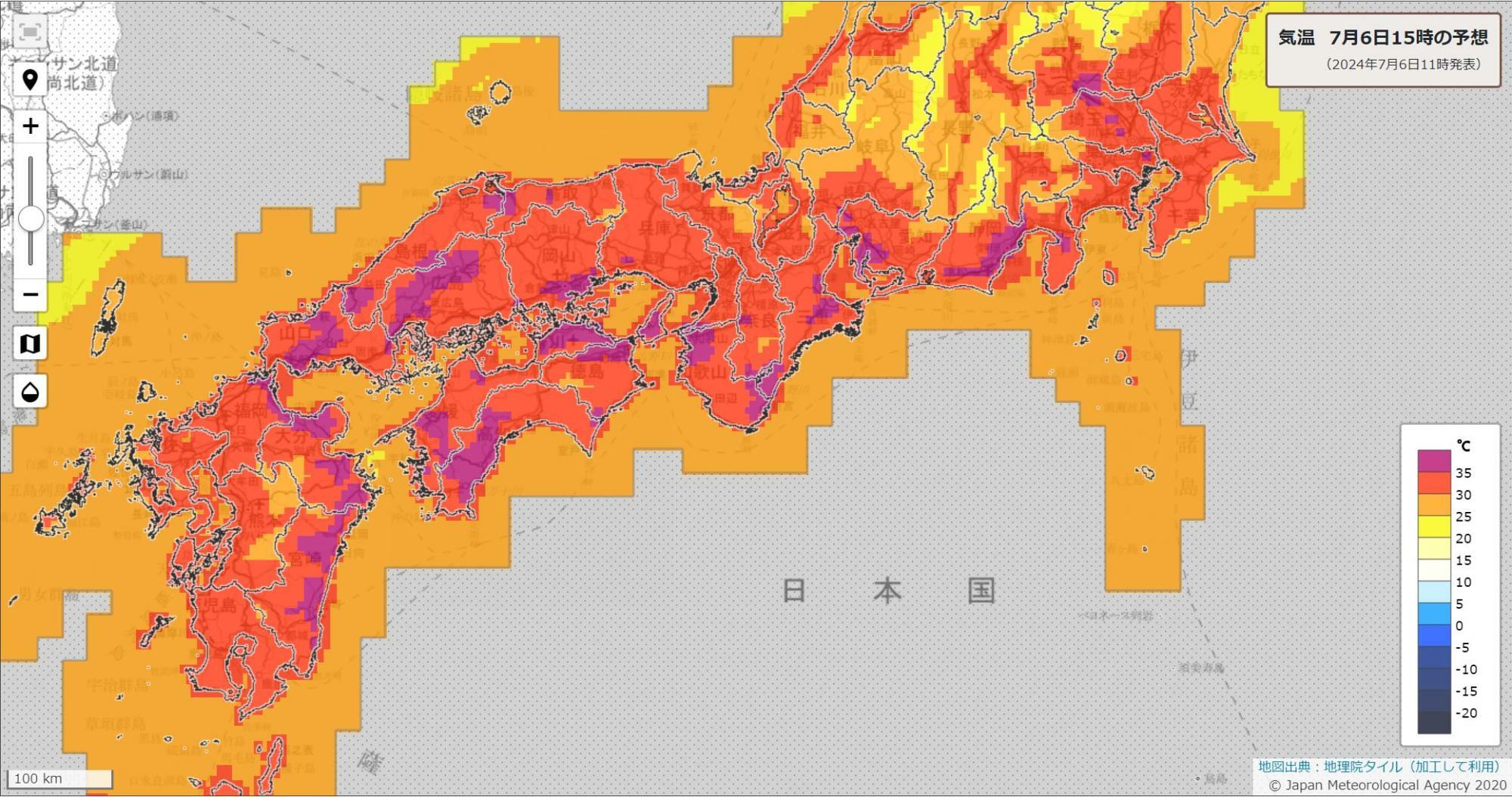 6日15時の気温分布予想（気象庁HPより）。紫色の35度以上のエリアが、九州～関東の各地に見られる。