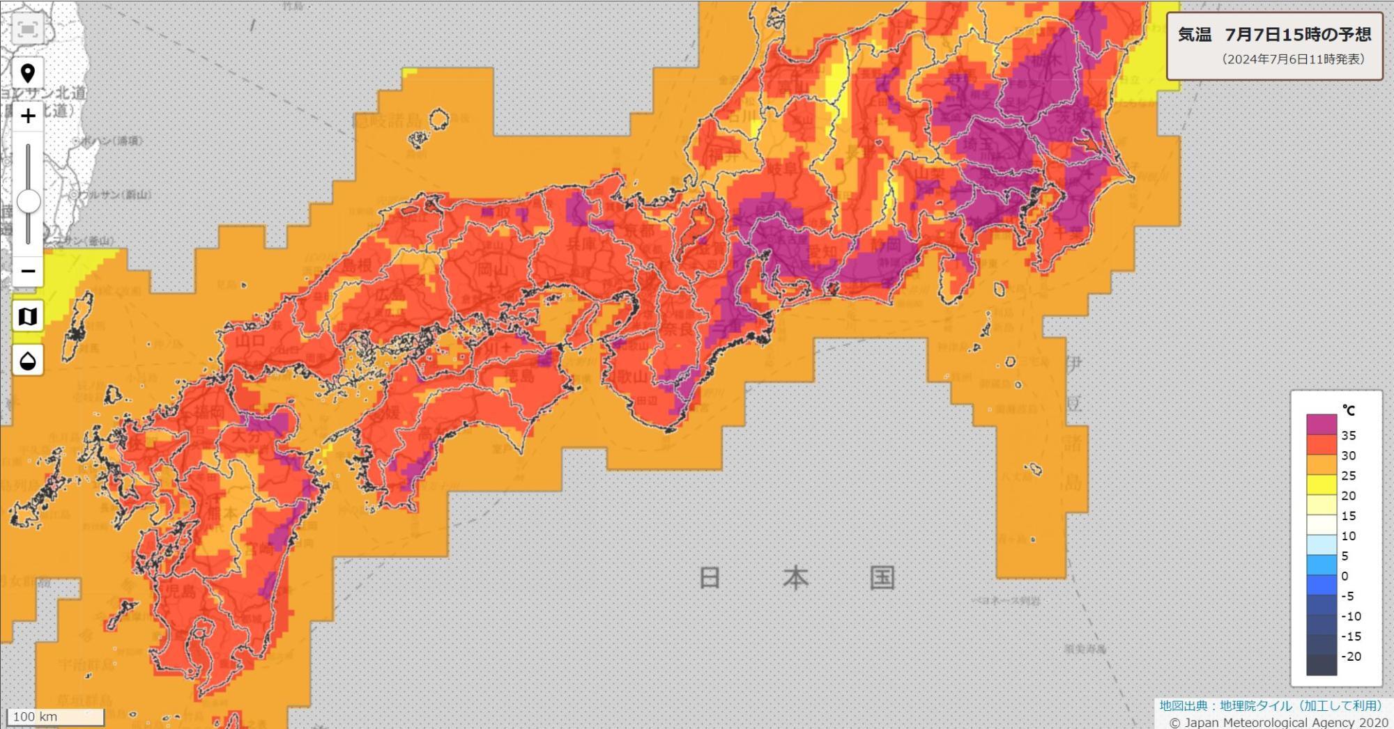 7日15時の気温分布予想（気象庁HPより）。紫色の35度以上のエリアが6日より広がる。