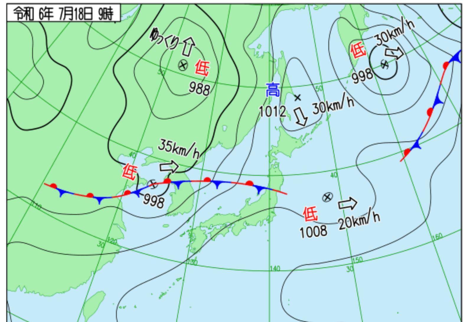 18日9時の実況天気図（気象庁HPより）。