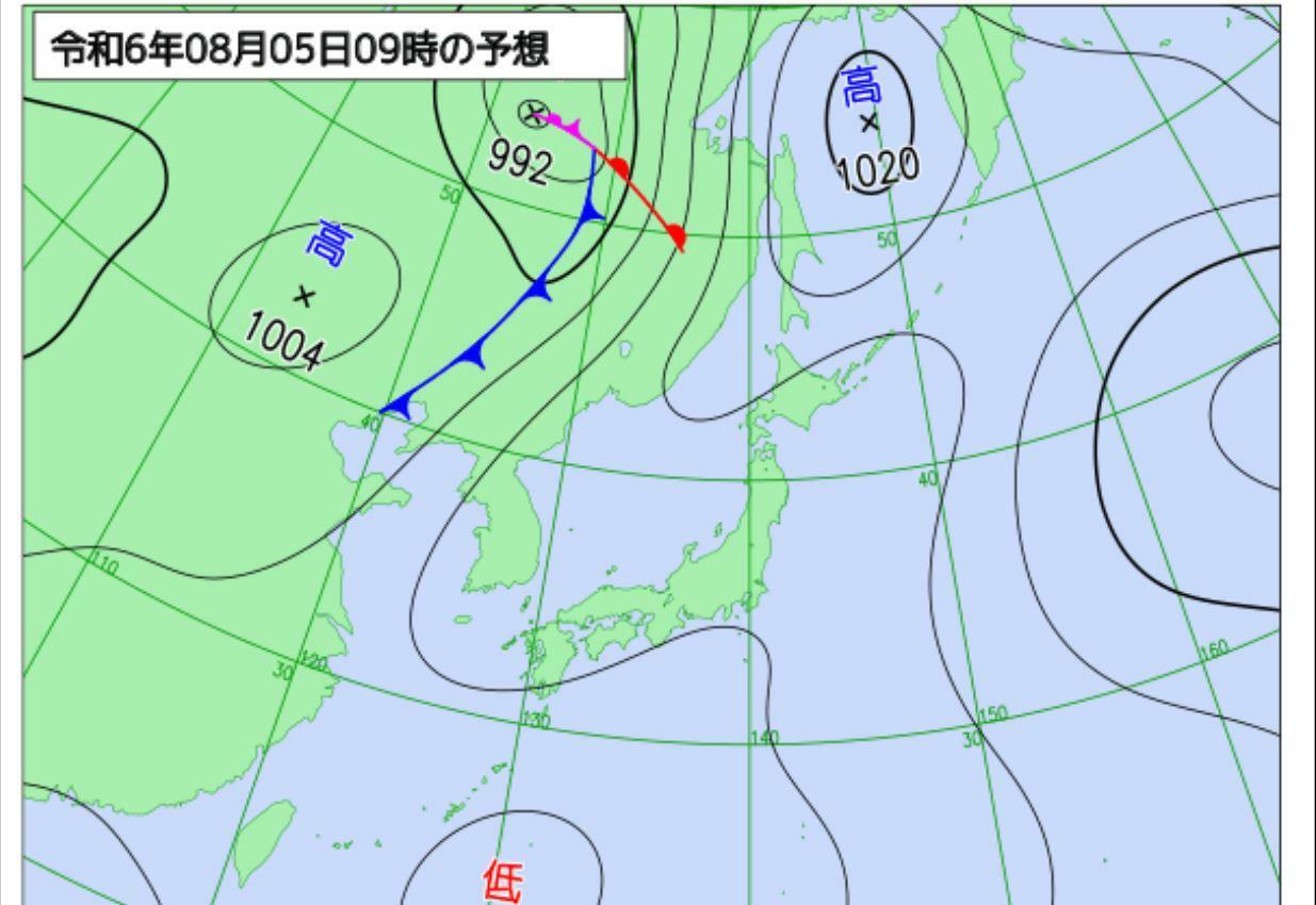 5日9時の予想天気図（気象庁HPより）。