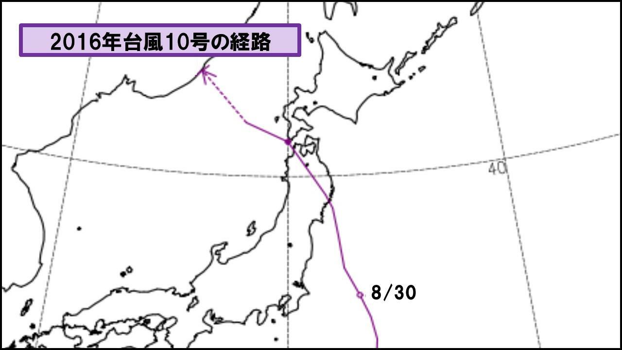 2016年台風10号の経路（気象庁HPを元に作成）。