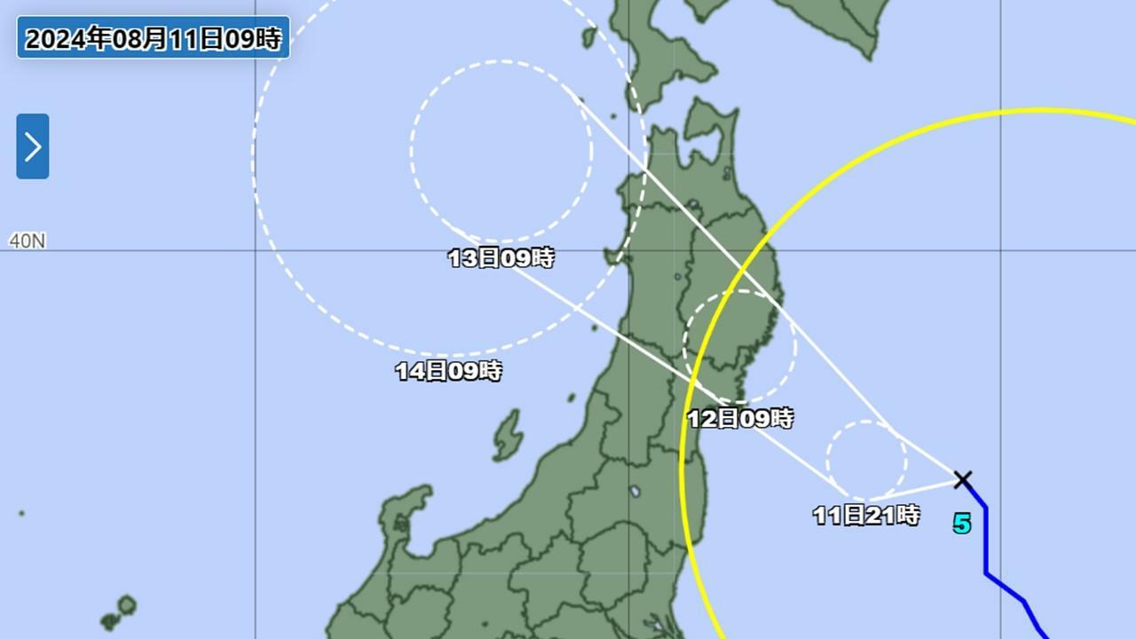 台風5号の予報円（気象庁HPより）。