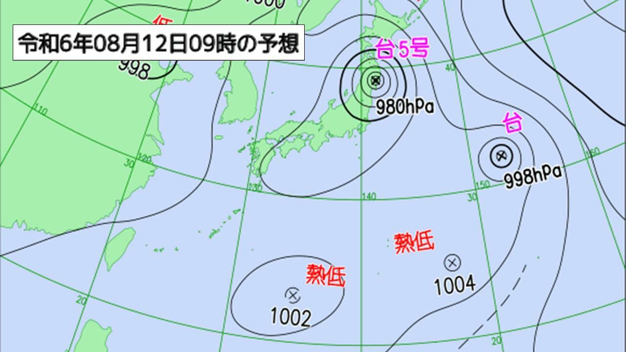 12日9時の予想天気図（気象庁HPより）。