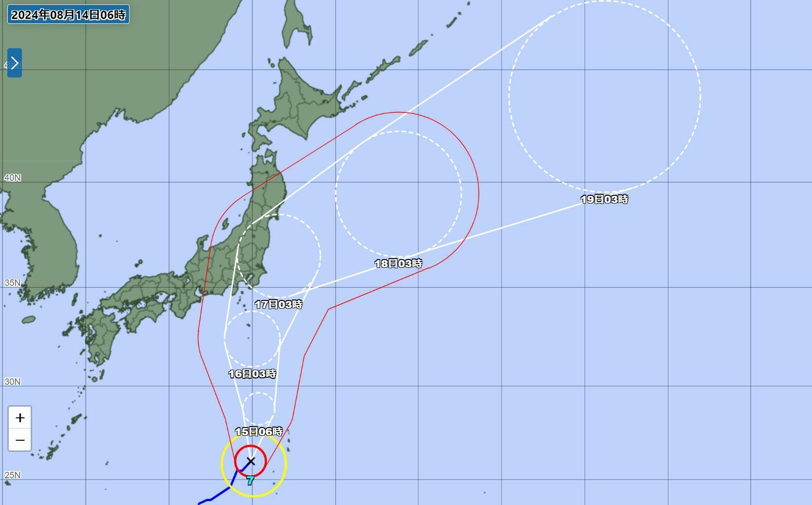 台風7号の予報円（気象庁HPより）。