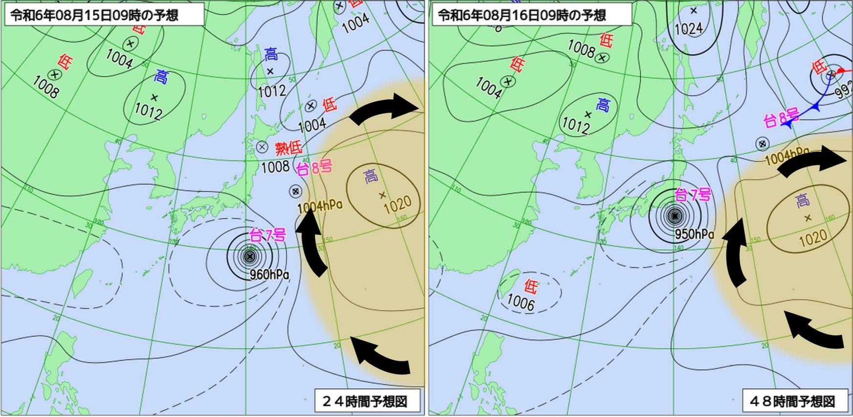 （左）15日9時と（右）16日9時の予想天気図（気象庁HPを元に作成）。