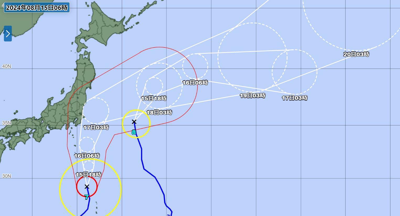 台風7号・台風8号の予報円（気象庁HPより）。