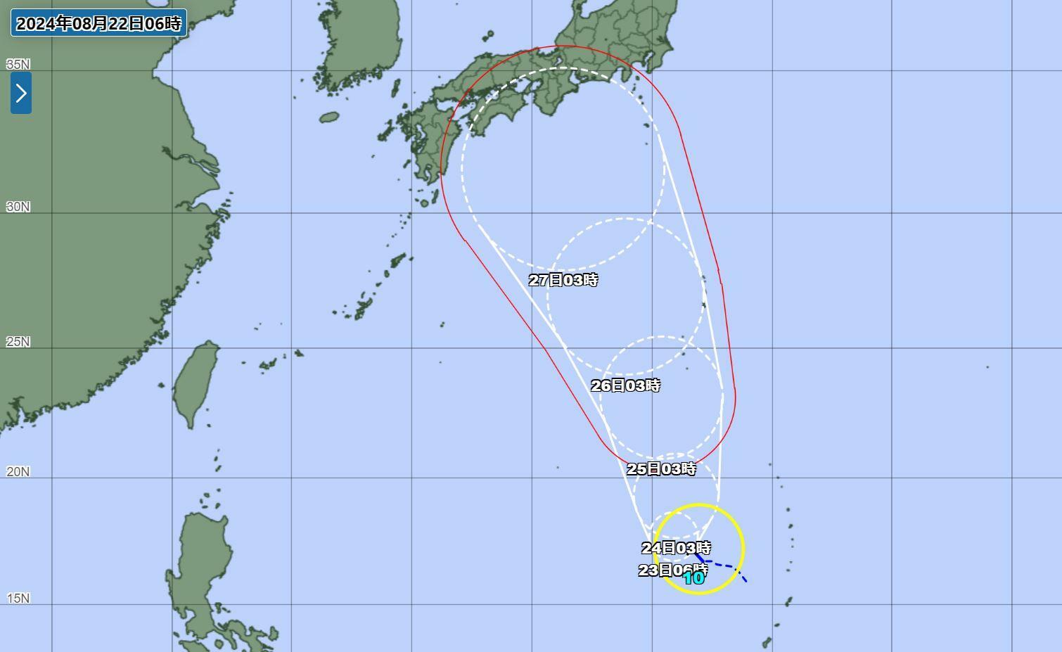 台風10号の予報円（気象庁HPより）。