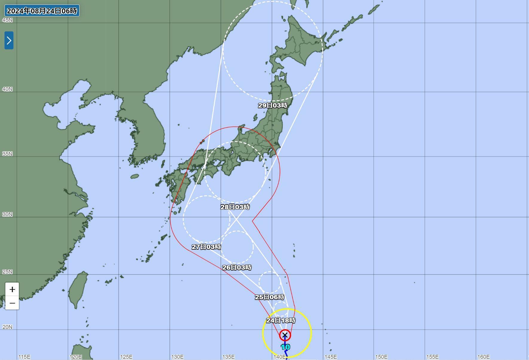 台風10号の予報円（気象庁HPより）。