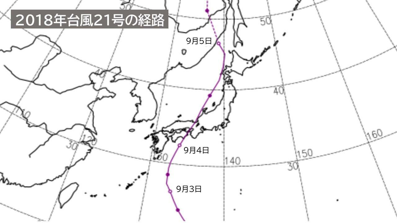 2018年台風21号の経路図（気象庁HPを元に作成）。