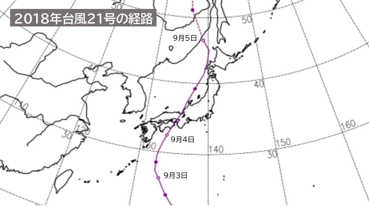 2018年台風21号の経路図(気象庁HPを元に作成)。