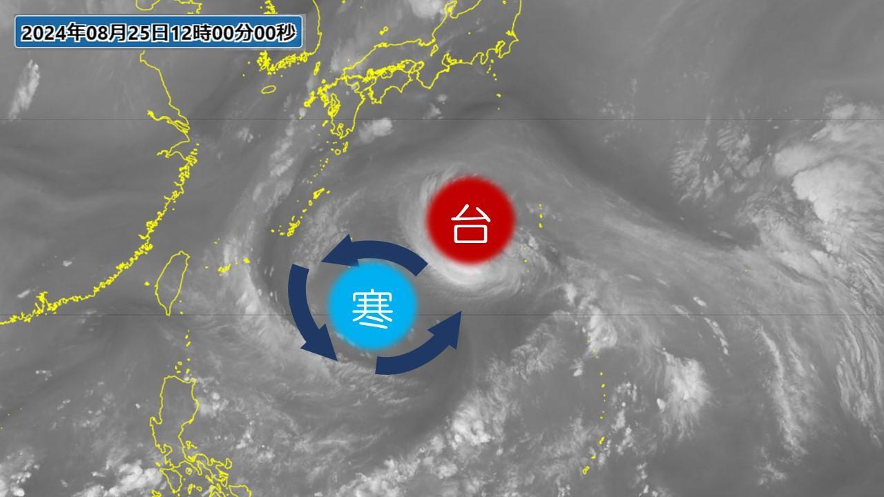 台風10号と寒冷渦(後述)。気象庁HPの気象衛星画像(水蒸気画像)を元に作成。