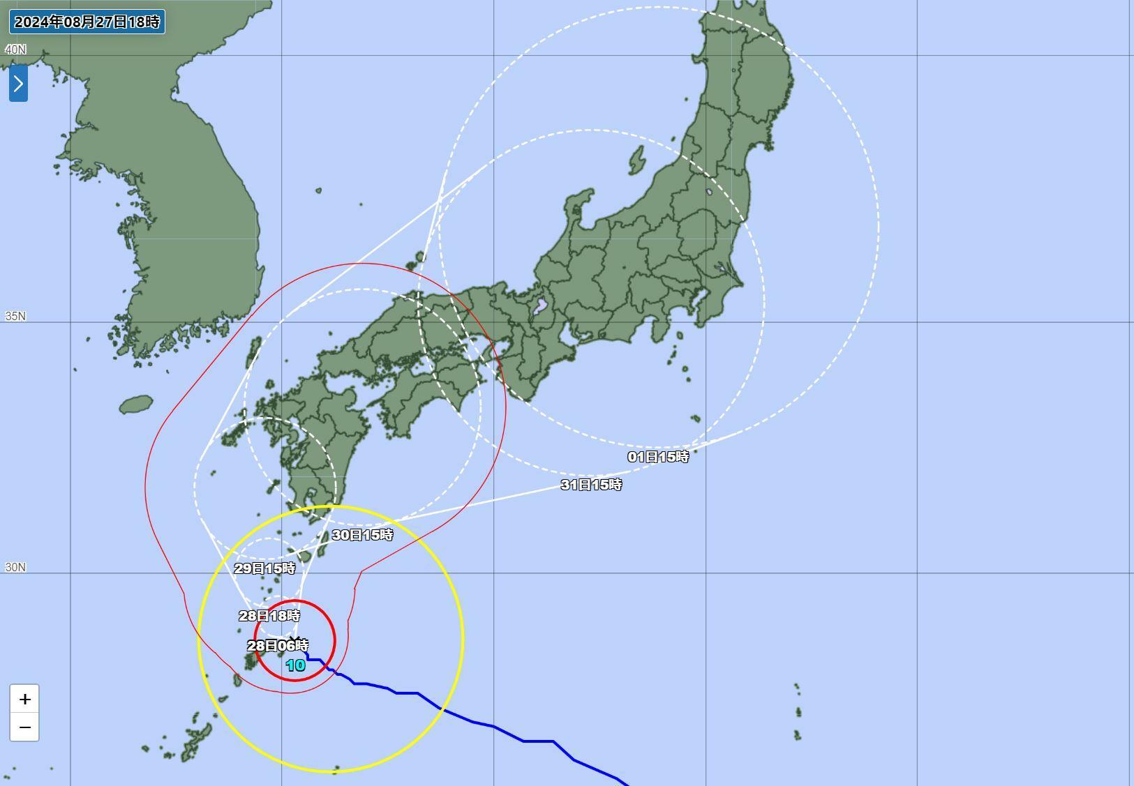 台風10号の予報円（気象庁HPより）。