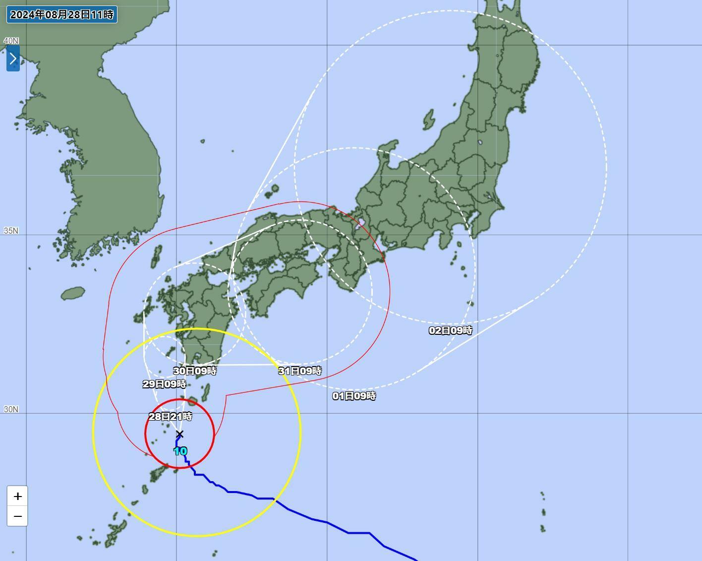 台風10号の予報円（気象庁HPより）。