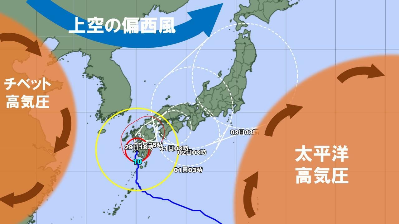 台風10号と気圧配置（気象庁HPを元に作成）。なお予想進路については1つ上の図を参照。