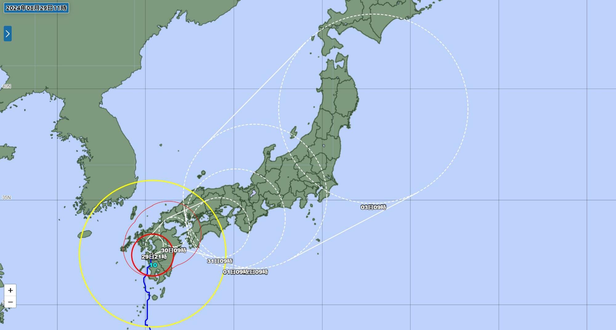 台風10号の予報円（気象庁HPより）。