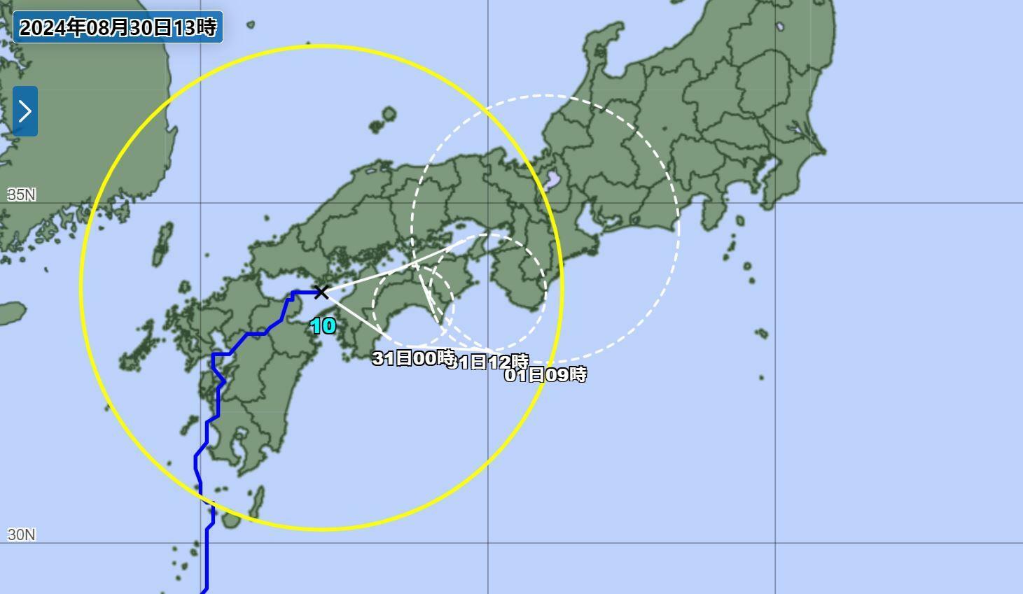 台風10号の予報円（気象庁HPより）。黄色い円は強風域。台風は9月1日に熱帯低気圧に変わる見通し。