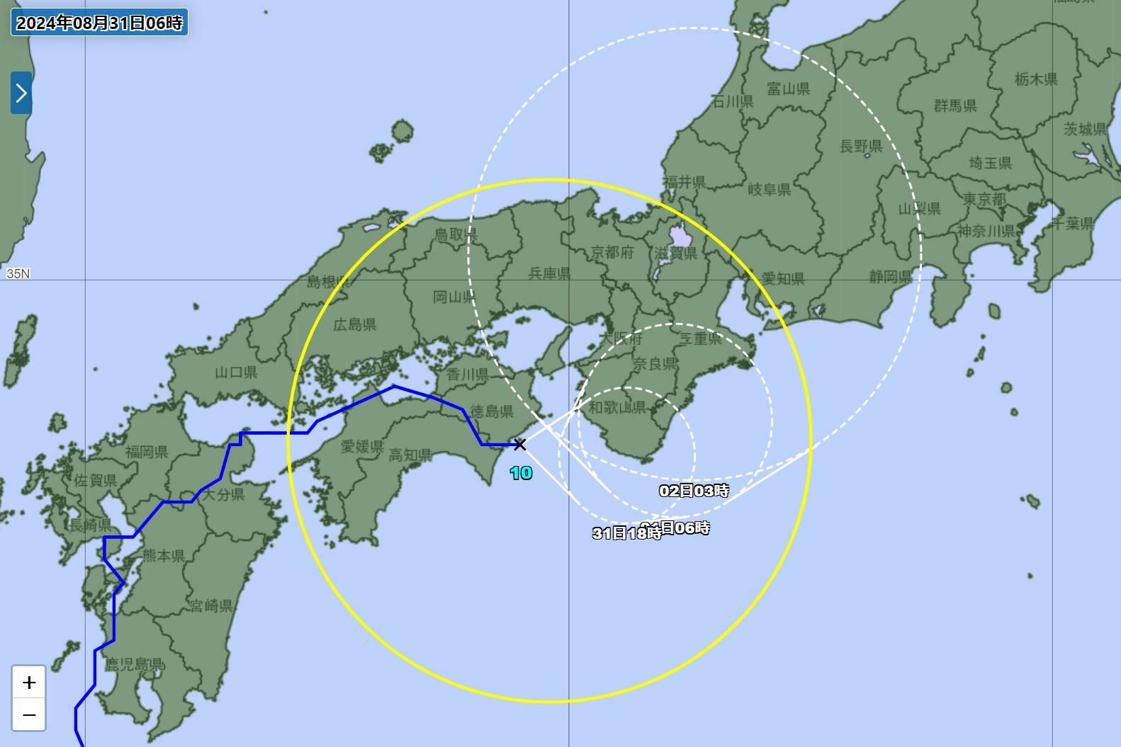 台風10号の進路図（気象庁HPより）。9月2日にかけて熱帯低気圧に。