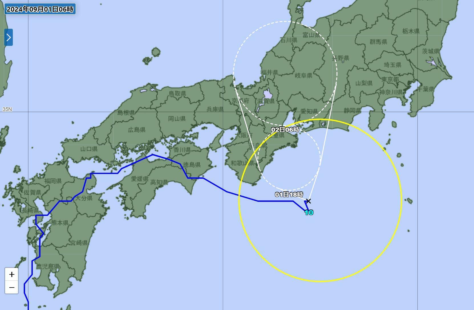 台風10号の予報円（気象庁HPより）。