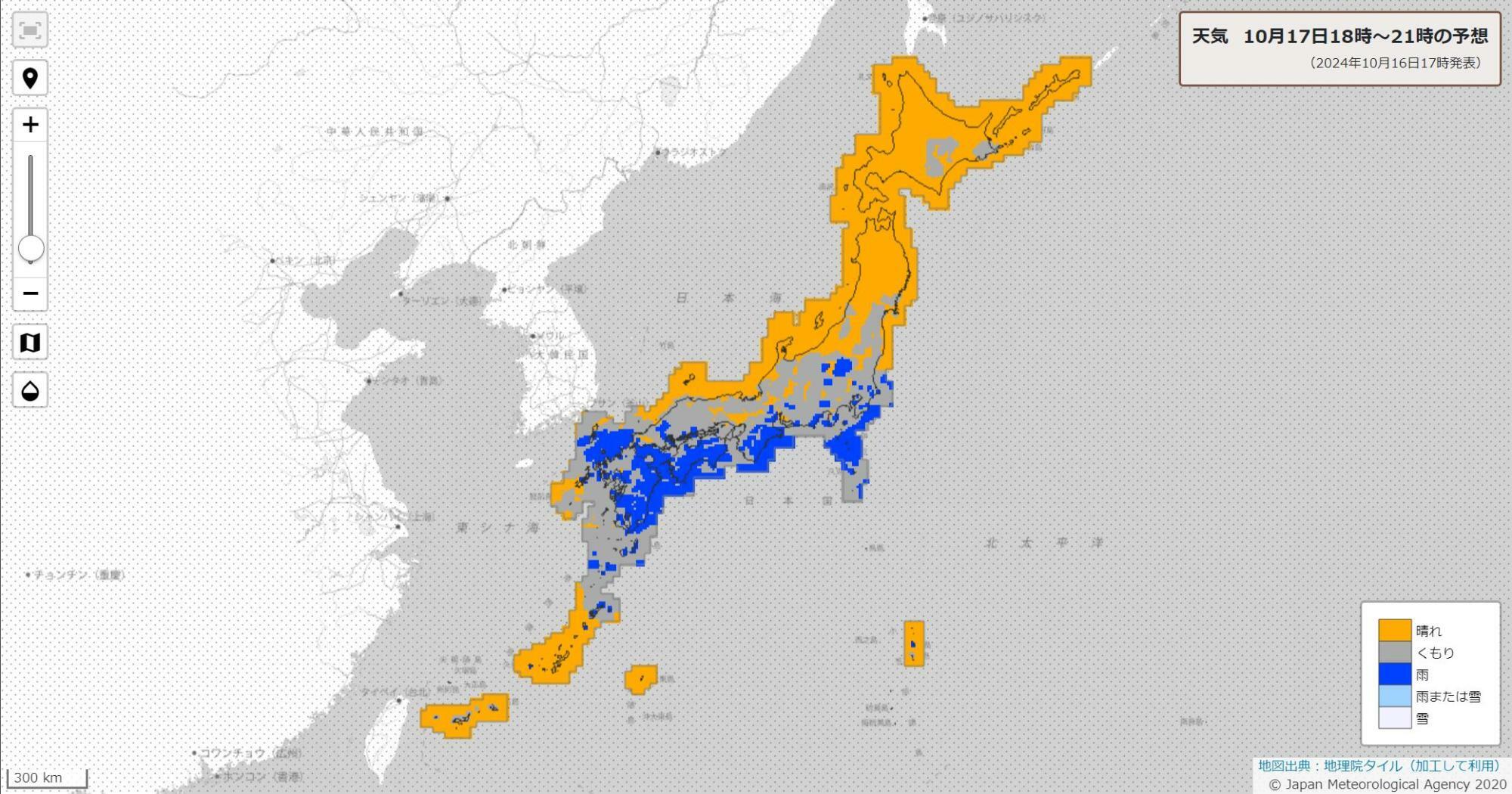 17日夜の天気分布予報（気象庁HPを元に作成）。