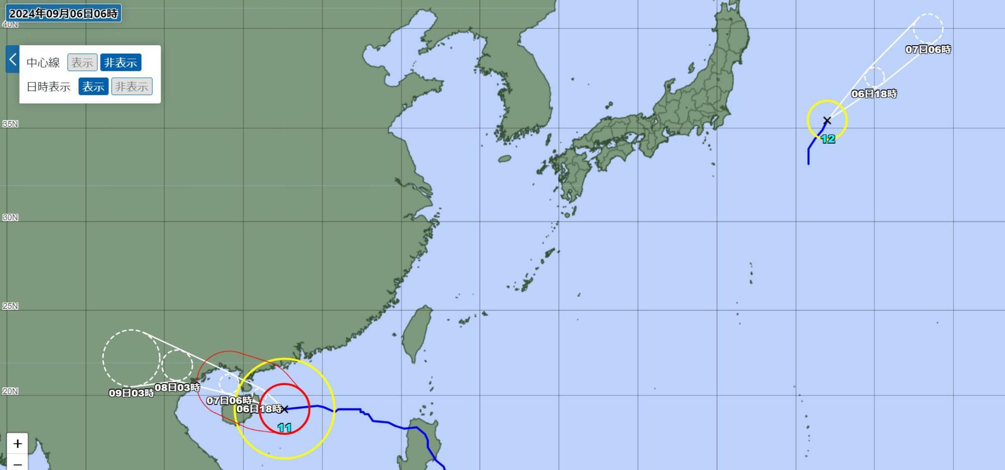 6日6時の台風情報（気象庁HPより）。